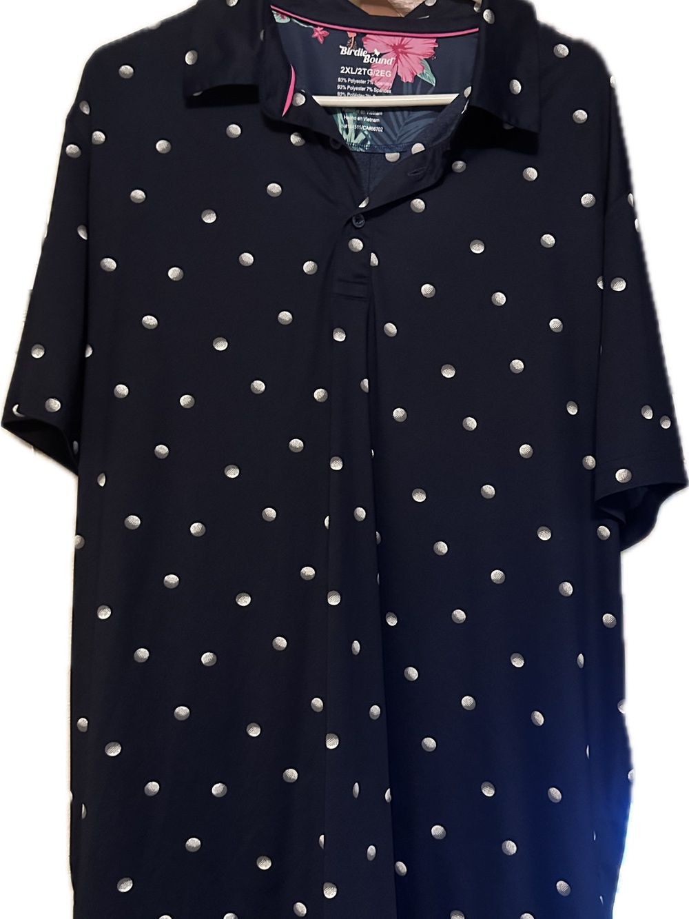 Birdie Bound Men’s Performance Golf Polo 2XL Navy White Polka Dot Stretch Shirt